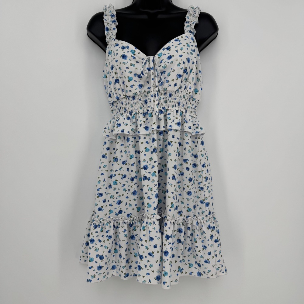Inspired Hearts Blue Floral Ruffle Smocked Mini Dress White Size Medium
